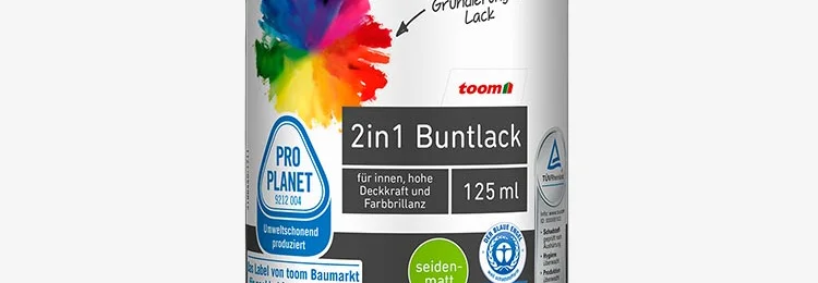 Eine Dose Farbe mit der Aufschrift '2in1 Buntlack'